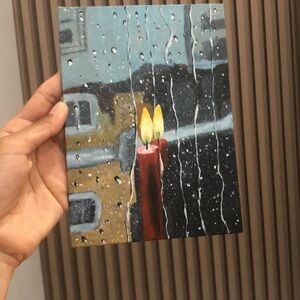 Red Candle Rainy Night Art Print